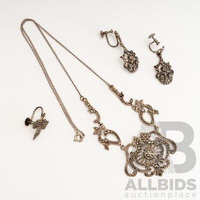 Vintage Art Deco Australian Lega Sterling Silver Marcasite Necklace, 43cm, with Complimenting Drop Earrings, 15.91 Grams