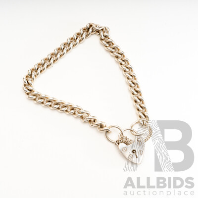 Sterling Silver Curb Link Heart Padlock Bracelet with Safety Chain, 19cm, 28.53 Grams