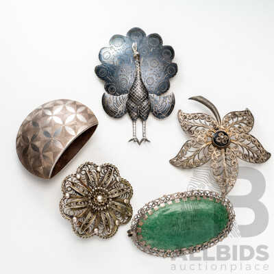 Vintage Sterling Silver (5) Brooch Collection, 59.0 Grams