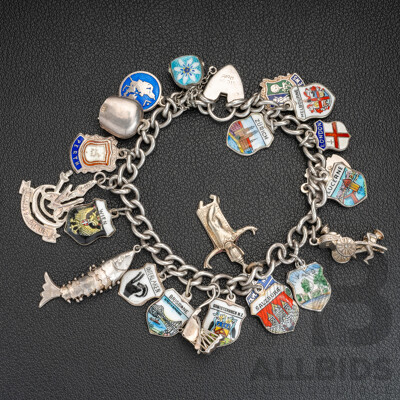 Vintage Sterling Silver (22) Travel Charm Padlock Bracelet, Including Yass Charm, 17cm, 37.66 Grams