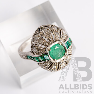 Vintage Sterling Silver Emerald & Diamond Ring, Est E1.90ct/TDW0.39ct, Size M1/2, 4.07 Grams