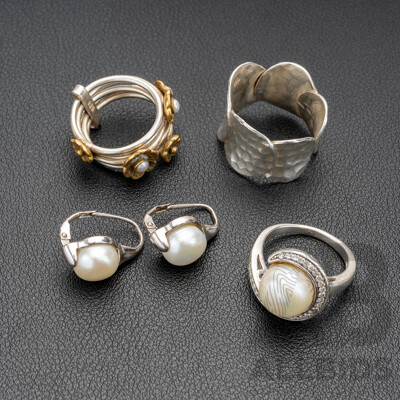 Collection of (3) Sterling Silver Rings & Sterling Silver Drop Cultured Pearl Earrings, 27.65 Grams