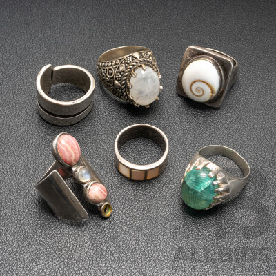 Collection of (6) Gem Set Sterling Silver Rings, Size N1/2-S, 78.29 Grams