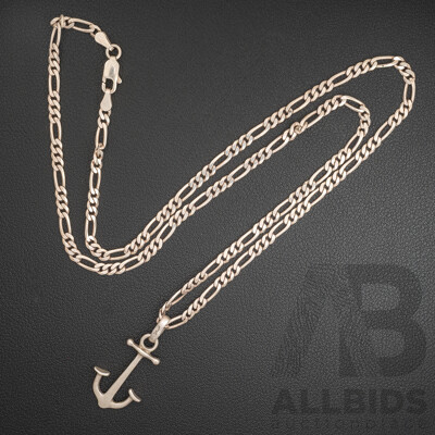 Vintage Sterling Silver Anchor Pendant, 38mm Long, on SS Figaro Necklace, 60cm, 16.31 Grams