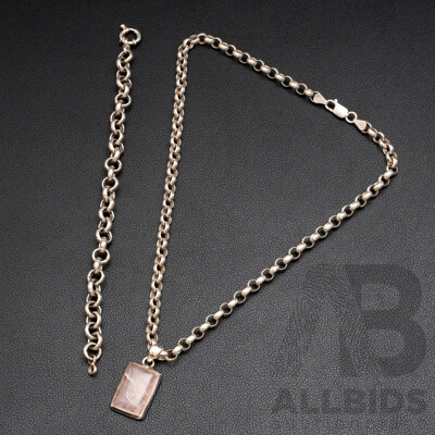 Sterling Silver Rose Quartz Belcher Link Necklace with Pendant & SS Belcher Link Bracelet, 41.13 Grams