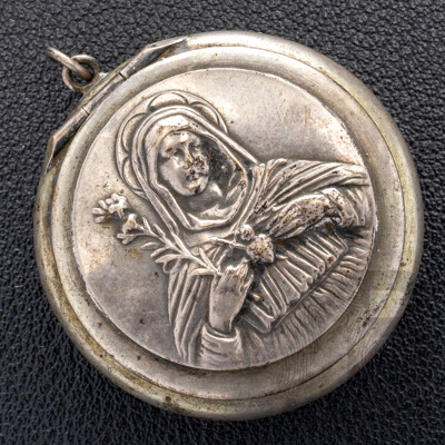 Antique Virgin Mary Deliquary Relic Container Locket Pendant in Sterling Silver (800), 7.45 Grams