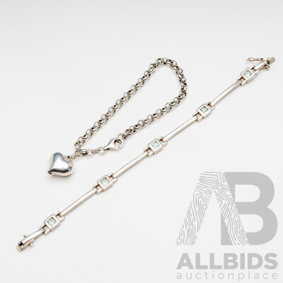 Sterling Silver Topaz Bracelet & Sterling Silver Belcher Bracelet with Puffy Heart Charm, 21.38 Grams