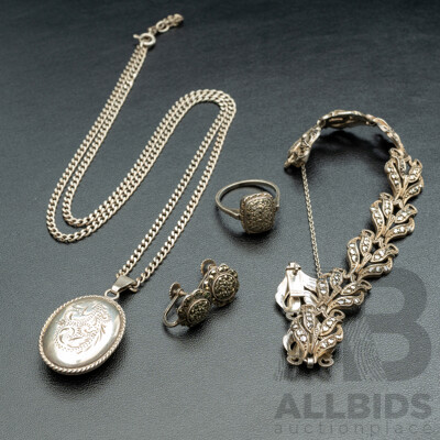 Vintage Sterling Marcasite Bracelet, Ring & Earrings with Vintage Sterling Silver Locket, 44.07 Grams