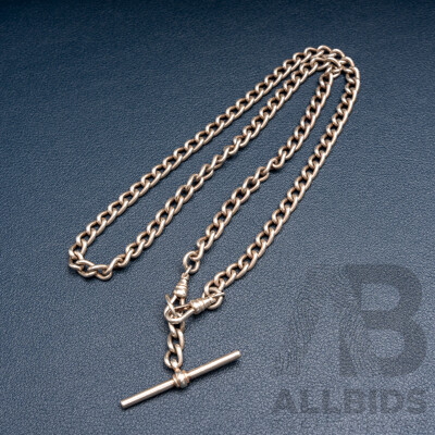 Vintage Sterling Silver Fob Chain with Double Albert Swivel Clasps and T-Bar Pendant, 50cm, 35.28 Grams