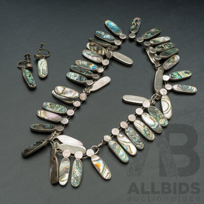 Mid Century Taxco Mexican Modernist Sterling Silver Paua Shell Necklet & Earrings Set, 101.0 Grams