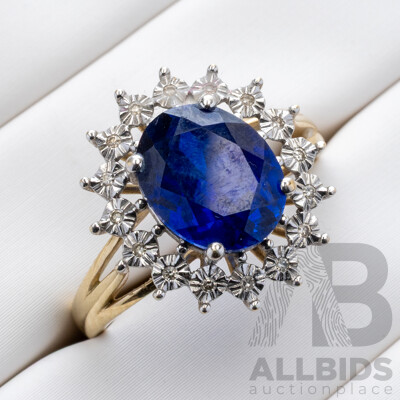 9ct Created Sapphire & Diamond Halo Ring, TDW 0.05ct, Size O, 3.21 Grams