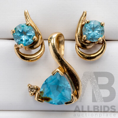 9ct Light Blue Topaz & Diamond Pendant with Matching 9ct Topaz Stud Earrings, 1.87 Grams