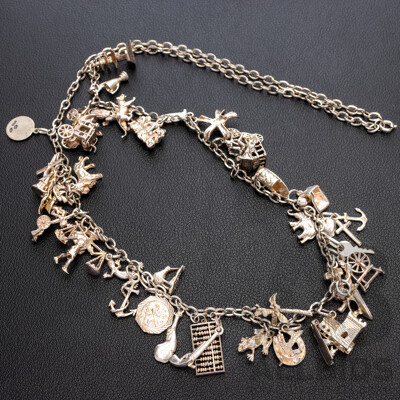 Vintage Sterling Silver Belcher Link 70cm Necklace with (37) Vintage Sterling Silver Charms, 71.46 Grams