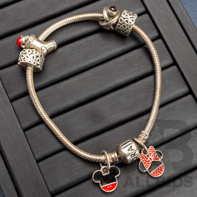 Pandora Moments Sterling Silver Snake Chain Bracelet with (6) Authentic Pandora Moments SS Charms, 29.81 Grams