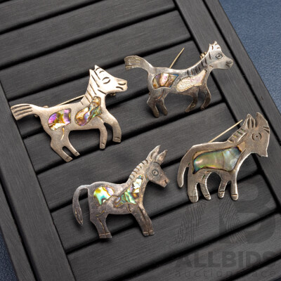 TAXCO Mexican Sterling Silver Vintage (2) Horse & (2) Donkey Inlaid Paua Shell Brooches, 11.23 Grams