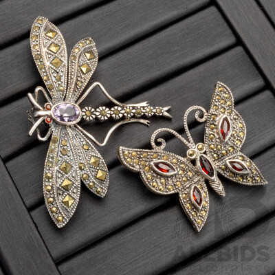 Sterling Silver Gemset Dragonfly & Butterfly Brooches, 14.17 Grams