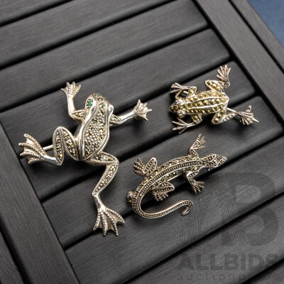 Sterling Silver Marcasite Lizard & (2) Frog Brooches, 14.73 Grams
