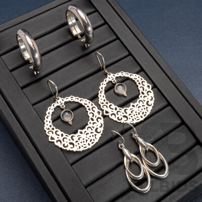 Collection of (3) Pairs of Sterling Silver Earrings, as New Including Moonstones, 25.52 Grams