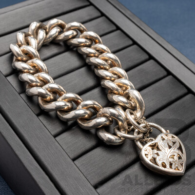 Sterling Silver Heavy Curb Link Heart Padlock Bracelet, 18cm, 52.60 Grams