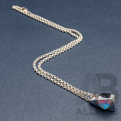 Sterling Silver Opal Doublet Slider Pendant on Sterling Belcher Link Necklace, 38cm, 9.34 Grams