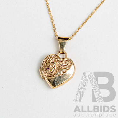 9ct Embossed Heart Shaped Locket, 10mm, on 10K Rope Twist Chain, 45cm, 1.13 Grams - as New