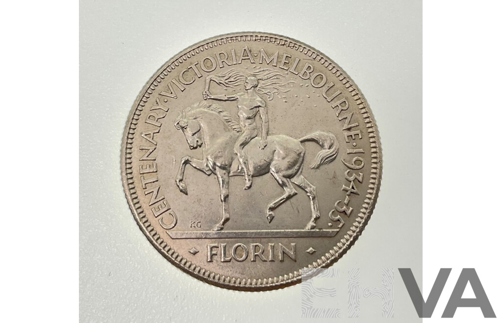 Rare Australian 1934-35 Silver KGV Florin, Commemorative Victoria Centenary .925