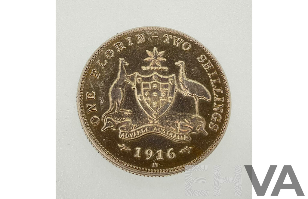 Australian 1916 Silver KGV Florin, Melbourne Mint .925