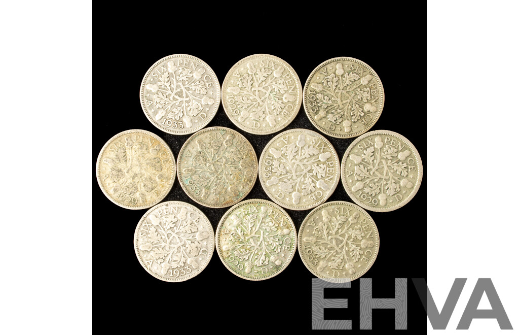 United Kingdom KGV Silver Sixpence Including 1929(4) 1933(6) .500