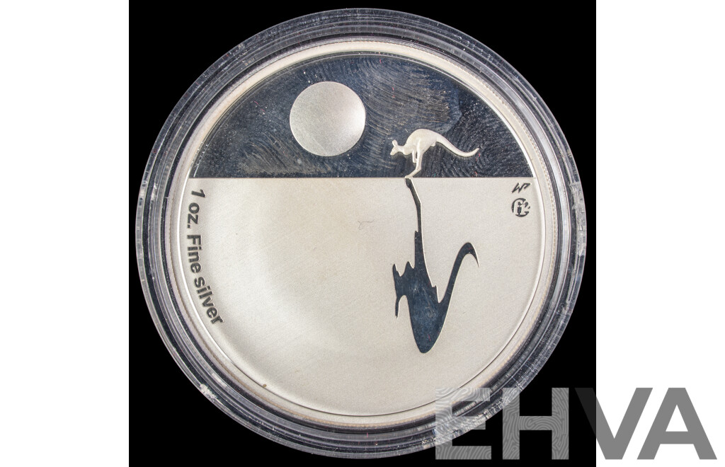 Australian RAM 2009 Silver Proof One Dollar Coin, Kangaroo at Sunset, F12 Privy Mark .999