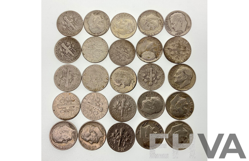 Twenty Five USA 1960's Silver Roosevelt Dimes, Phildelphia and Denver Mints .900
