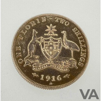 Australian 1916 Silver KGV Florin, Melbourne Mint .925