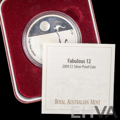 Australian RAM 2009 Silver Proof One Dollar Coin, Kangaroo at Sunset, F12 Privy Mark .999