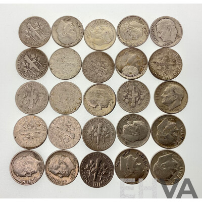 Twenty Five USA 1960's Silver Roosevelt Dimes, Phildelphia and Denver Mints .900