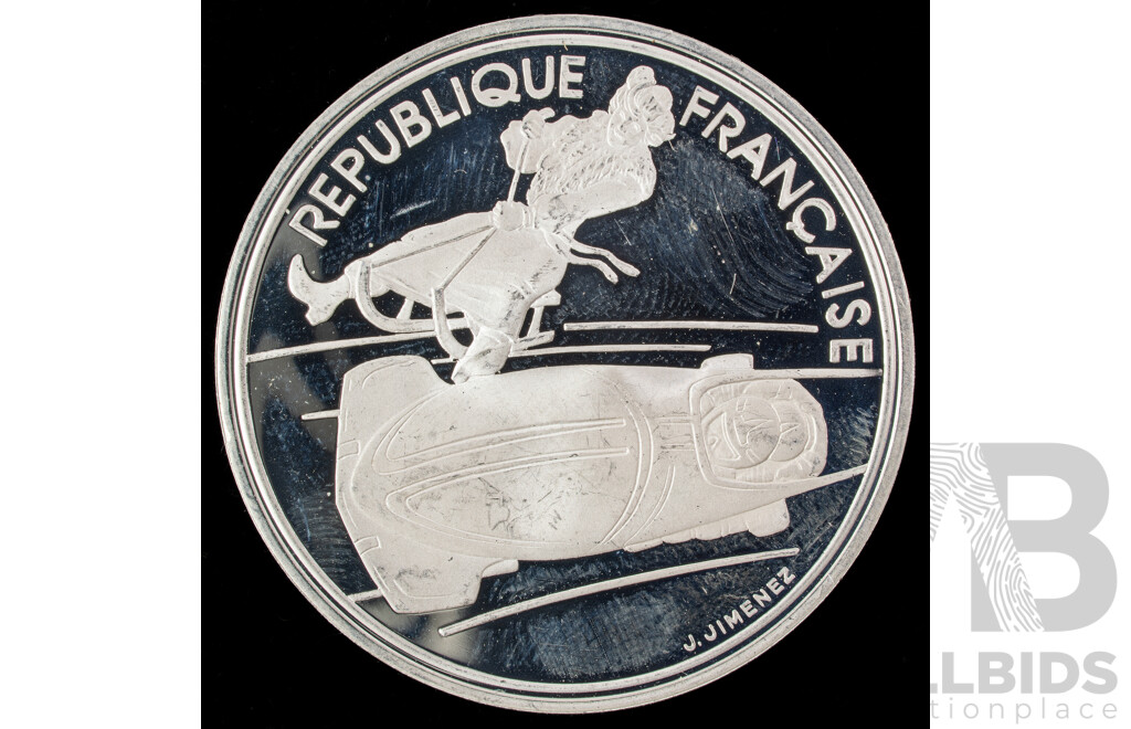 France 1990 Silver Proof One Hundred Francs Coin, Olympics Bobsled .900