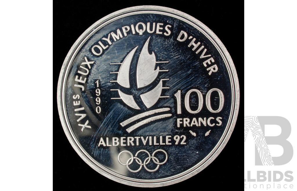 France 1990 Silver Proof One Hundred Francs Coin, Olympics Bobsled .900