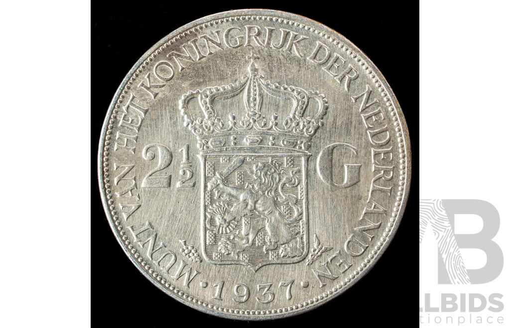 Netherlands 1937 Wilhelmina Silver Two and Half Gulden Coin .720