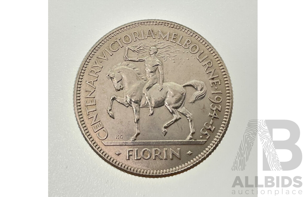 Rare Australian 1934-35 Silver KGV Florin, Commemorative Victoria Centenary .925