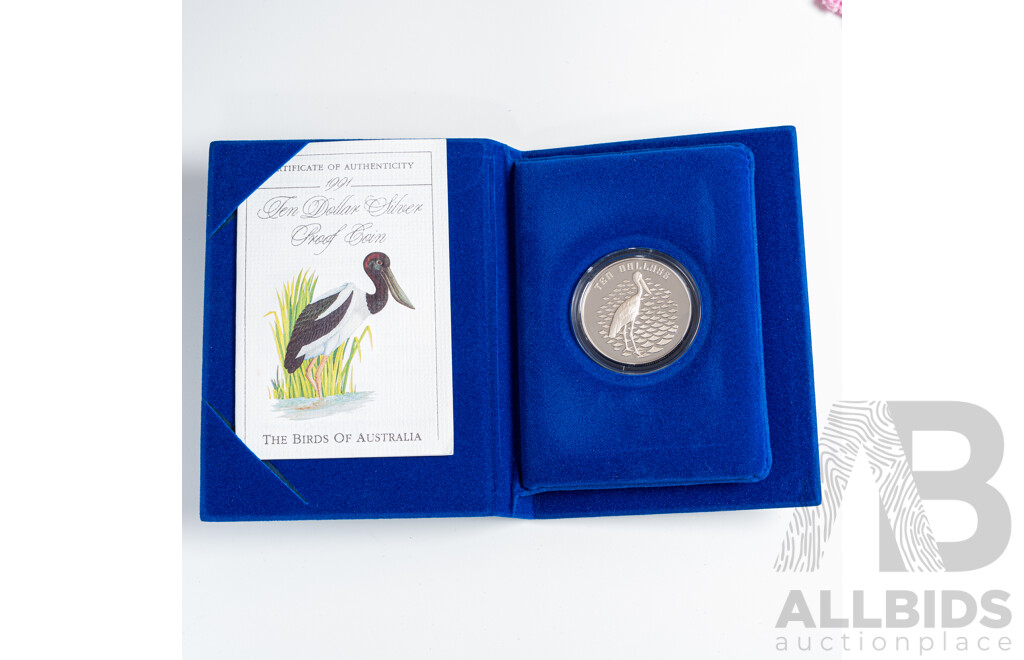 Australian 1991 Silver Proof Ten Dollar Coin, Birds of Australia, Jabiru .925