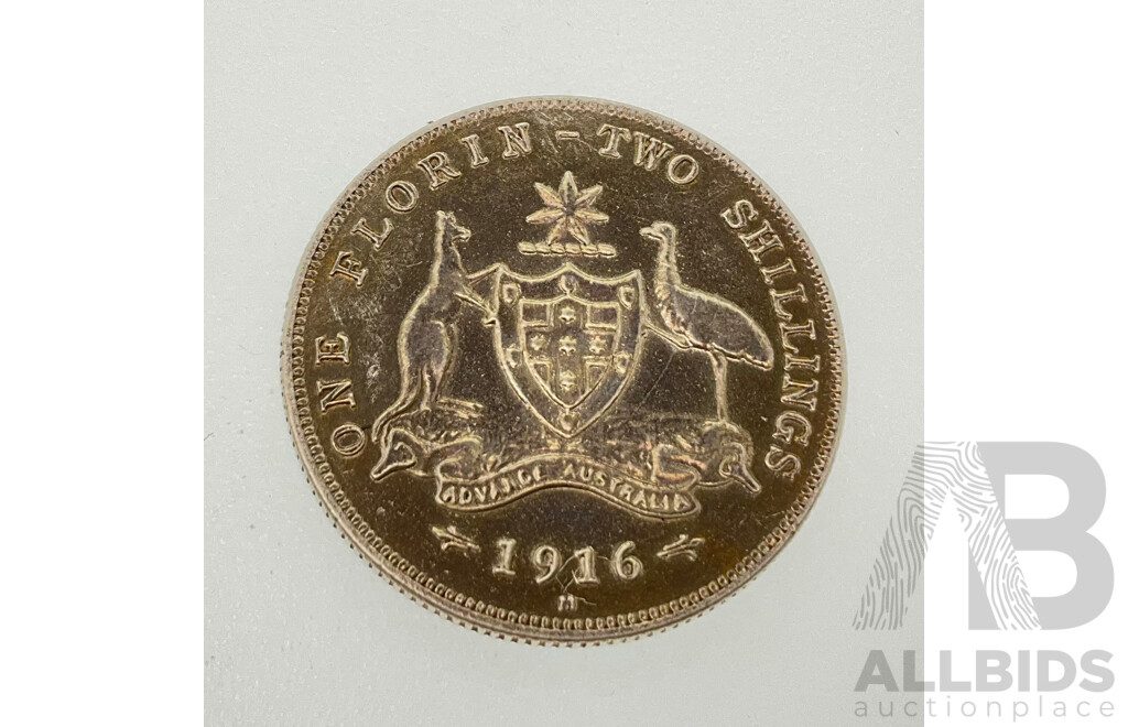 Australian 1916 Silver KGV Florin, Melbourne Mint .925