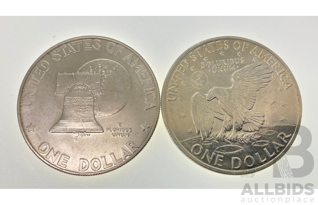 USA 1976 UNC Eisenhower One Dollar, 200th Anniversary of Independence and 1971 One Dollar, Both San Fransisco Mint