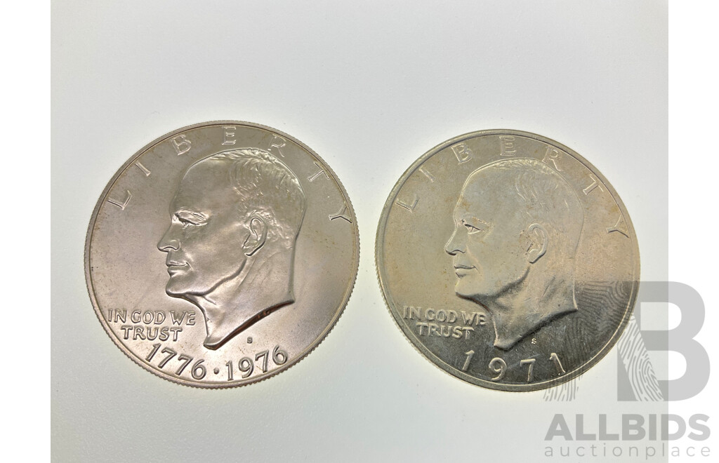 USA 1976 UNC Eisenhower One Dollar, 200th Anniversary of Independence and 1971 One Dollar, Both San Fransisco Mint