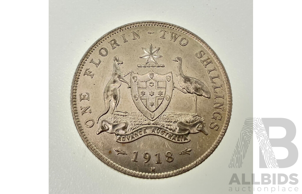 Australian 1918 Silver KGV Florin, Melbourne Mint .925