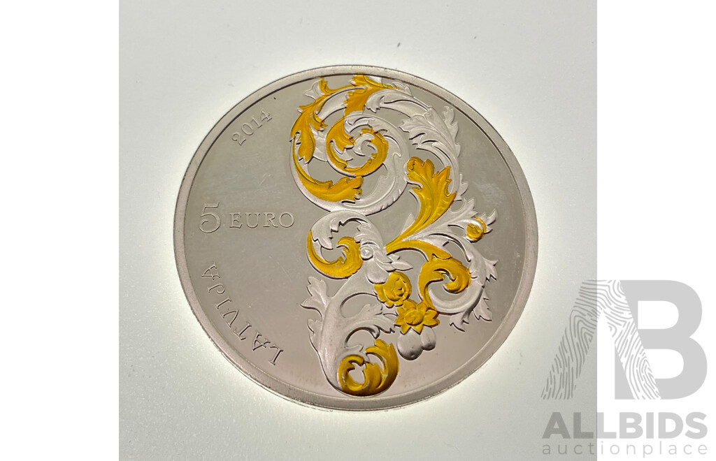 Latvia 2014 Silver and Gilded Five Euro Coin, Baroque of Courland .925