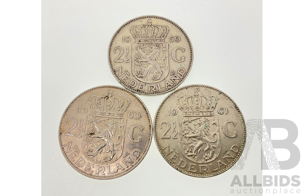 Three Netherlands Silver Two and Half Gulden Coins, 1959, 1960, 1961 .720