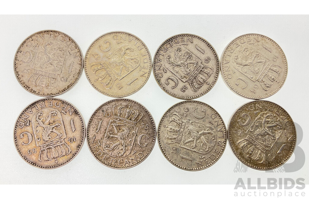 Eight Netherlands Silver One Gulden Coins 1955(2) 1956 1957(3), 1958, 1964  .720