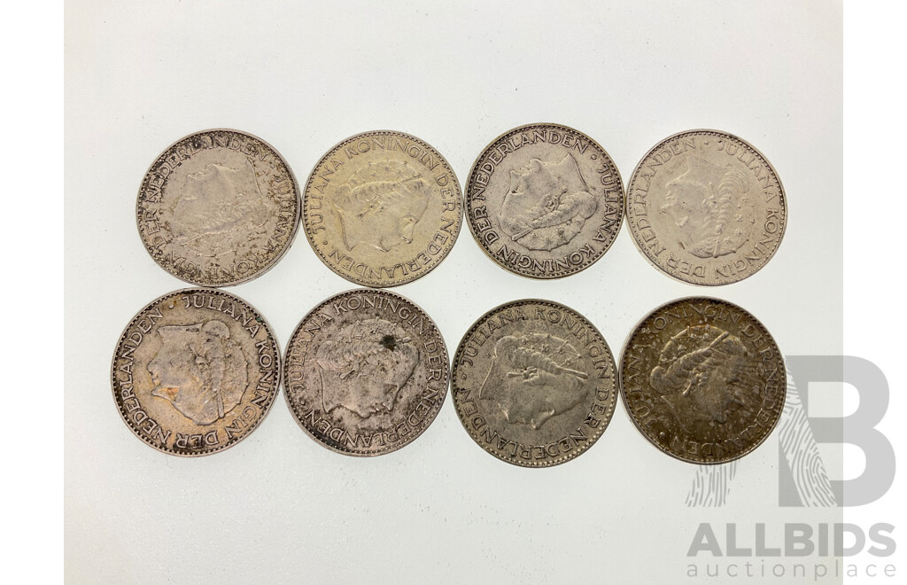Eight Netherlands Silver One Gulden Coins 1955(2) 1956 1957(3), 1958, 1964  .720