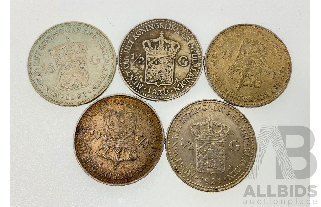 Five Netherlands Silver Half Gulden Coins 1921(2) 1930(3) .720