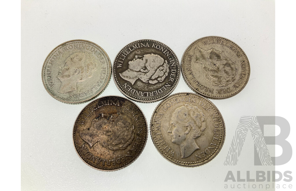 Five Netherlands Silver Half Gulden Coins 1921(2) 1930(3) .720