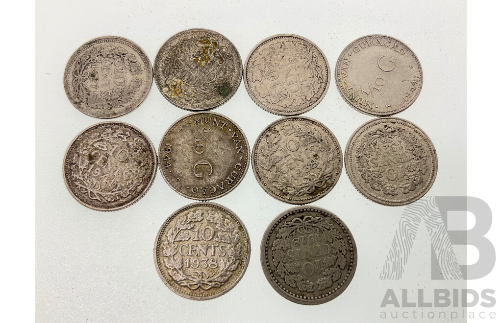 Ten Netherlands Silver 1/10 Gulden and Ten Cent Coins, Examples Spanning 1918 to 1944