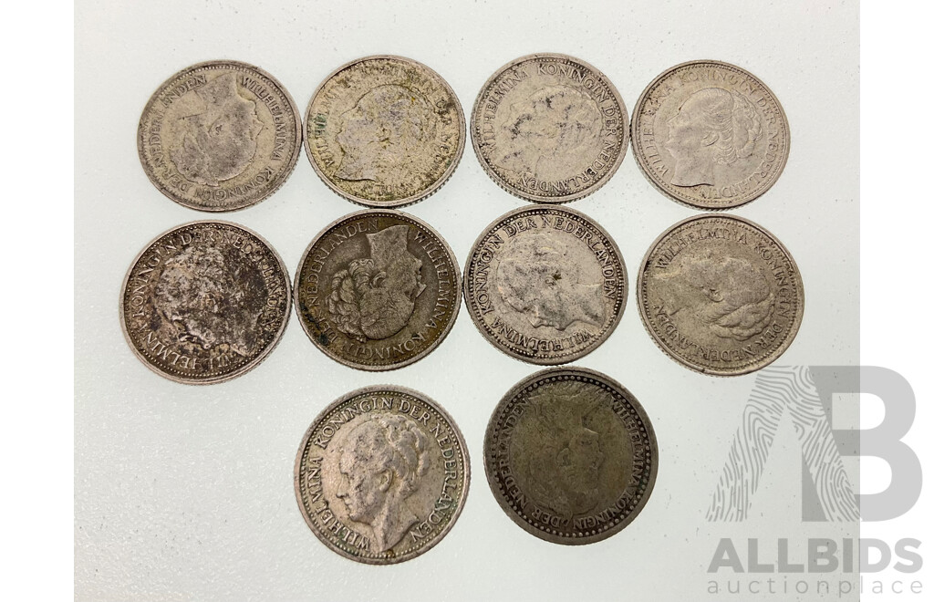 Ten Netherlands Silver 1/10 Gulden and Ten Cent Coins, Examples Spanning 1918 to 1944